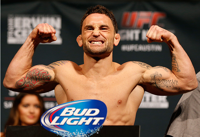 AUSTIN, TX - NOVEMBER 21:  Frankie Edgar poses on the scale after weighing in during the UFC weigh-in at The Frank Erwin Center on November 21, 2014 in Austin, Texas.  (Photo by Josh Hedges/Zuffa LLC/Zuffa LLC via Getty Images)