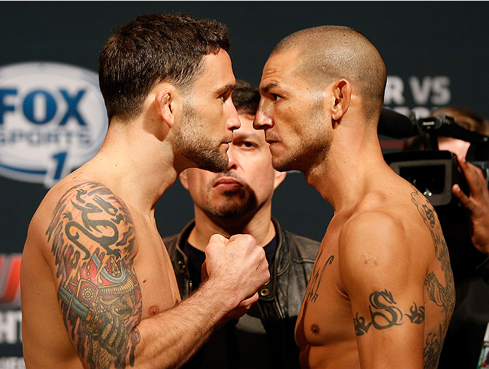 AUSTIN, TX - NOVEMBER 21:  (L-R) Opponents Frankie Edgar and Cub Swanson face off during the UFC weigh-in at The Frank Erwin Center on November 21, 2014 in Austin, Texas.  (Photo by Josh Hedges/Zuffa LLC/Zuffa LLC via Getty Images)