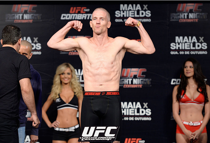 BARUERI, BRAZIL - OCTOBER 8:  Garett Whiteley weighs-in during the UFC Fight Night: Maia v Shields weigh-in at the Ginasio Jose Correa on October 8, 2013 in Barueri, Sao Paulo, Brazil. (Photo by Jeff Bottari/Zuffa LLC/Zuffa LLC via Getty Images)