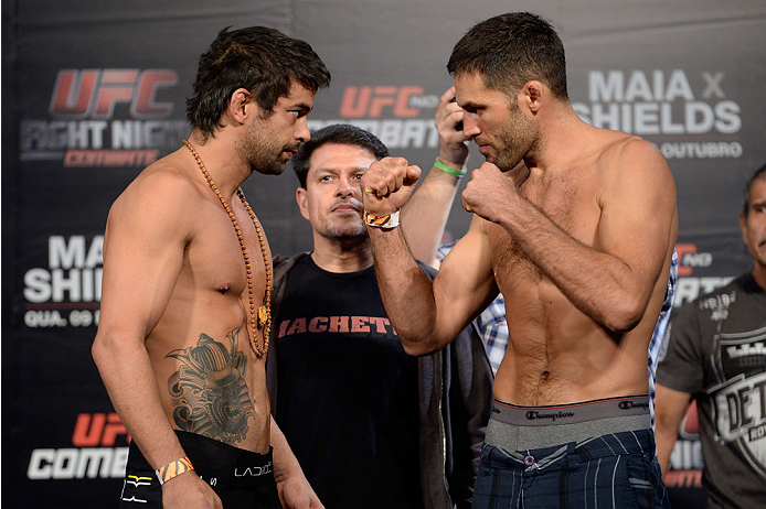 BARUERI, BRAZIL - OCTOBER 8:  (L-R) Yan Cabral and David Mitchell face off during the UFC Fight Night: Maia v Shields weigh-in at the Ginasio Jose Correa on October 8, 2013 in Barueri, Sao Paulo, Brazil. (Photo by Jeff Bottari/Zuffa LLC/Zuffa LLC via Gett