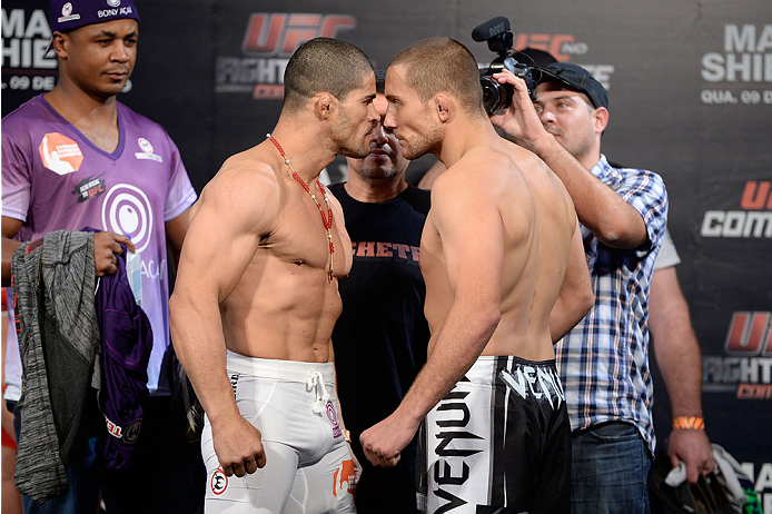 BARUERI, BRAZIL - OCTOBER 8:  (L-R) Rousimar Palhares and Mike Pierce face off during the UFC Fight Night: Maia v Shields weigh-in at the Ginasio Jose Correa on October 8, 2013 in Barueri, Sao Paulo, Brazil. (Photo by Jeff Bottari/Zuffa LLC/Zuffa LLC via 