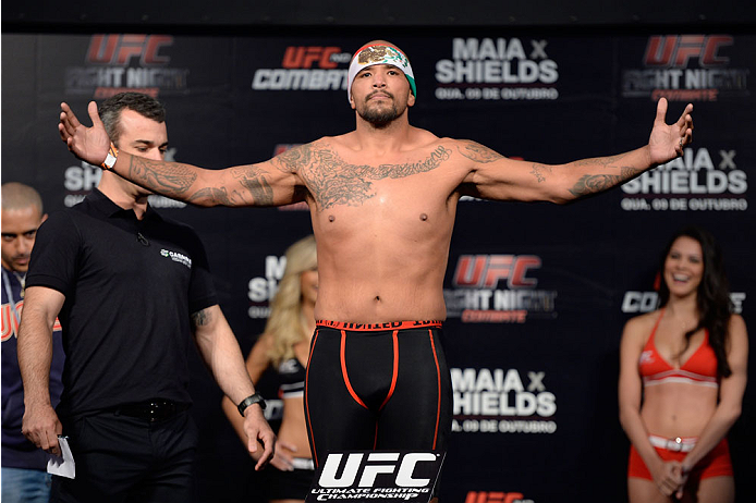 BARUERI, BRAZIL - OCTOBER 8:  Joey Beltran weighs-in during the UFC Fight Night: Maia v Shields weigh-in at the Ginasio Jose Correa on October 8, 2013 in Barueri, Sao Paulo, Brazil. (Photo by Jeff Bottari/Zuffa LLC/Zuffa LLC via Getty Images)