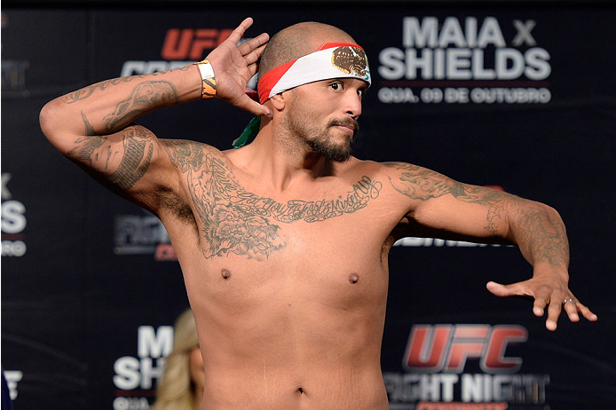 BARUERI, BRAZIL - OCTOBER 8:  Joey Beltran weighs-in during the UFC Fight Night: Maia v Shields weigh-in at the Ginasio Jose Correa on October 8, 2013 in Barueri, Sao Paulo, Brazil. (Photo by Jeff Bottari/Zuffa LLC/Zuffa LLC via Getty Images)