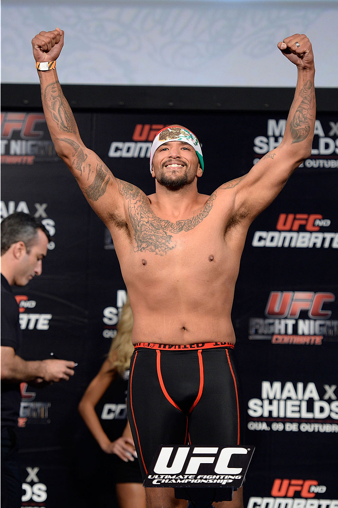 BARUERI, BRAZIL - OCTOBER 8:  Joey Beltran weighs-in during the UFC Fight Night: Maia v Shields weigh-in at the Ginasio Jose Correa on October 8, 2013 in Barueri, Sao Paulo, Brazil. (Photo by Jeff Bottari/Zuffa LLC/Zuffa LLC via Getty Images)