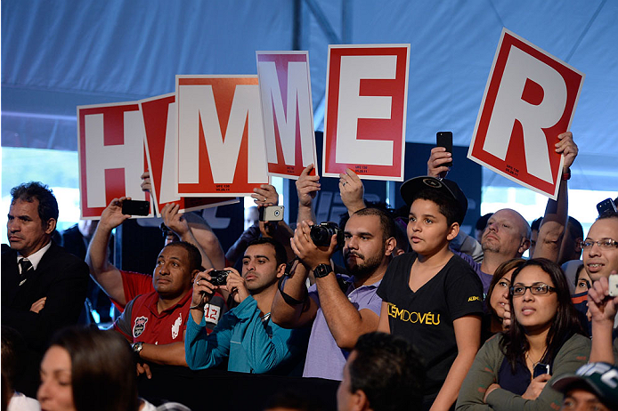 BARUERI, BRAZIL - OCTOBER 8:  Fans of Matt Hamill (not pictured) cheer for the fighter during the UFC Fight Night: Maia v Shields weigh-in at the Ginasio Jose Correa on October 8, 2013 in Barueri, Sao Paulo, Brazil. (Photo by Jeff Bottari/Zuffa LLC/Zuffa 