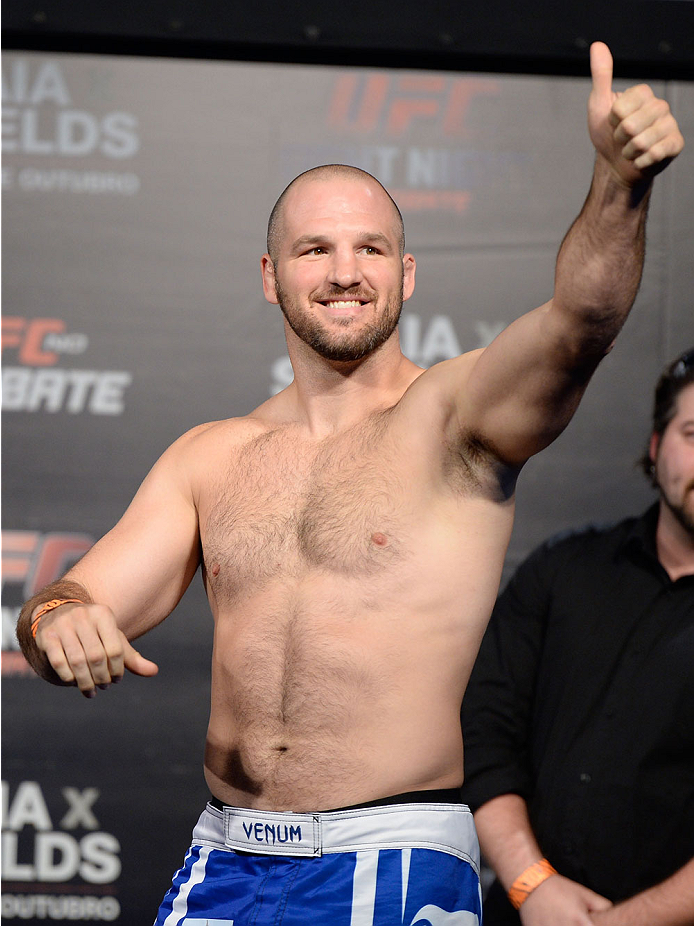 BARUERI, BRAZIL - OCTOBER 8:  Matt Hamill acknowledges the fans during the UFC Fight Night: Maia v Shields weigh-in at the Ginasio Jose Correa on October 8, 2013 in Barueri, Sao Paulo, Brazil. (Photo by Jeff Bottari/Zuffa LLC/Zuffa LLC via Getty Images)
