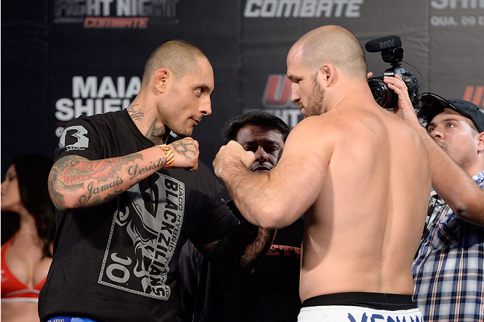 BARUERI, BRAZIL - OCTOBER 8:  (L-R) Thiago Silva and Matt Hamill face off during the UFC Fight Night: Maia v Shields weigh-in at the Ginasio Jose Correa on October 8, 2013 in Barueri, Sao Paulo, Brazil. (Photo by Jeff Bottari/Zuffa LLC/Zuffa LLC via Getty