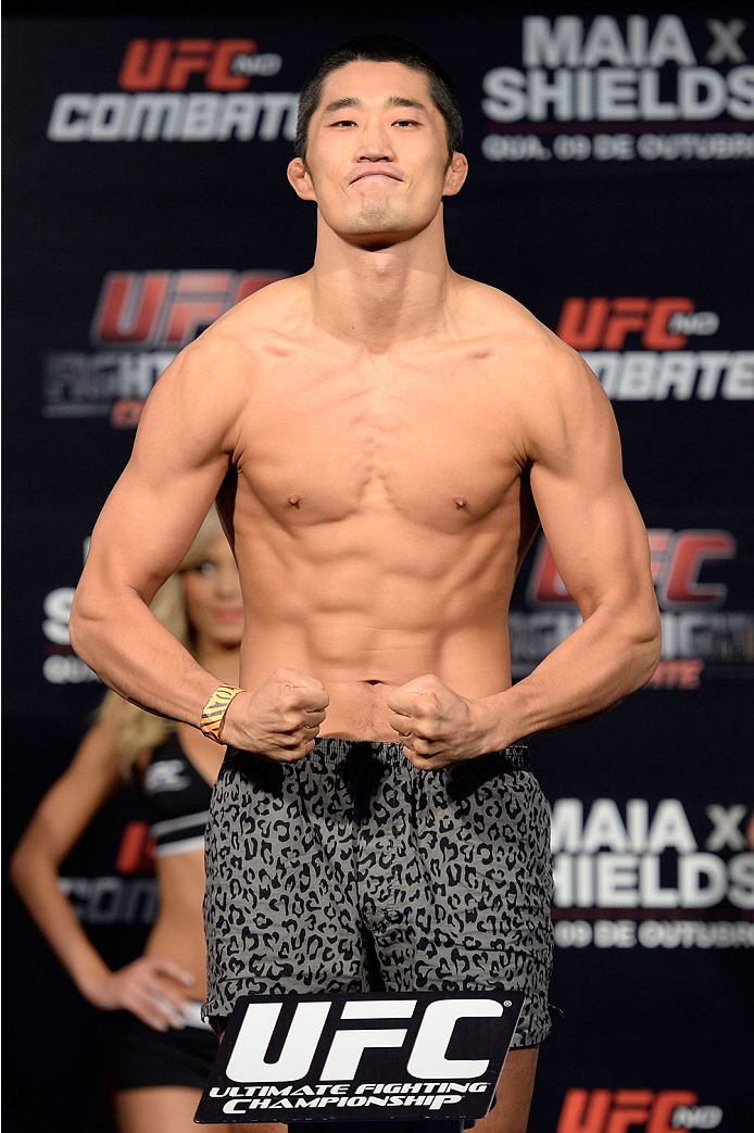 BARUERI, BRAZIL - OCTOBER 8:  Dong Hyun Kim weighs-in during the UFC Fight Night: Maia v Shields weigh-in at the Ginasio Jose Correa on October 8, 2013 in Barueri, Sao Paulo, Brazil. (Photo by Jeff Bottari/Zuffa LLC/Zuffa LLC via Getty Images)