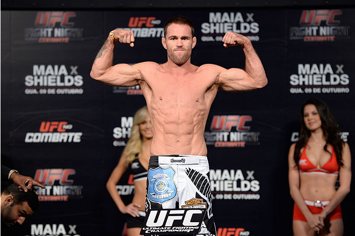 BARUERI, BRAZIL - OCTOBER 8:  Jake Shields weighs-in during the UFC Fight Night: Maia v Shields weigh-in at the Ginasio Jose Correa on October 8, 2013 in Barueri, Sao Paulo, Brazil. (Photo by Jeff Bottari/Zuffa LLC/Zuffa LLC via Getty Images)