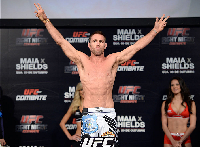 BARUERI, BRAZIL - OCTOBER 8:  Jake Shields weighs-in during the UFC Fight Night: Maia v Shields weigh-in at the Ginasio Jose Correa on October 8, 2013 in Barueri, Sao Paulo, Brazil. (Photo by Jeff Bottari/Zuffa LLC/Zuffa LLC via Getty Images)