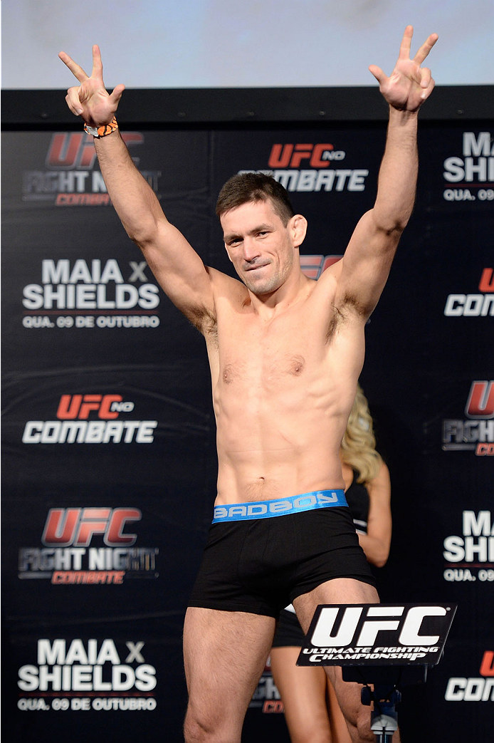 BARUERI, BRAZIL - OCTOBER 8:  Demian Maia acknowledges the fans during the UFC Fight Night: Maia v Shields weigh-in at the Ginasio Jose Correa on October 8, 2013 in Barueri, Sao Paulo, Brazil. (Photo by Jeff Bottari/Zuffa LLC/Zuffa LLC via Getty Images)