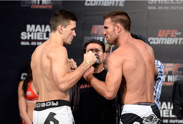 BARUERI, BRAZIL - OCTOBER 8:  (L-R) Demian Maia and Jake Shields face off during the UFC Fight Night: Maia v Shields weigh-in at the Ginasio Jose Correa on October 8, 2013 in Barueri, Sao Paulo, Brazil. (Photo by Jeff Bottari/Zuffa LLC/Zuffa LLC via Getty