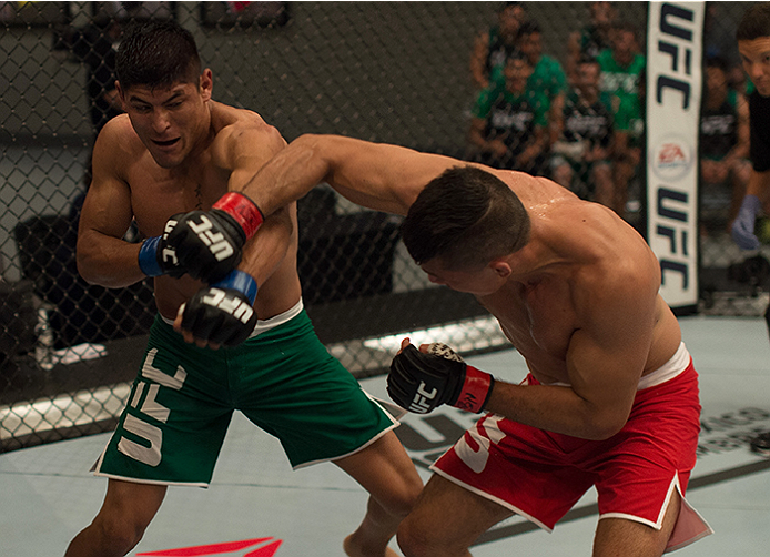 LAS VEGAS, NV - APRIL 10: (L-R) Hector Aldana exchanges punches with Alvaro Herrera during the filming of The Ultimate Fighter Latin America: Team Gastelum vs Team Escudero on April 10, 2015 in Las Vegas, Nevada. (Photo by Brandon Magnus/Zuffa LLC/Zuffa