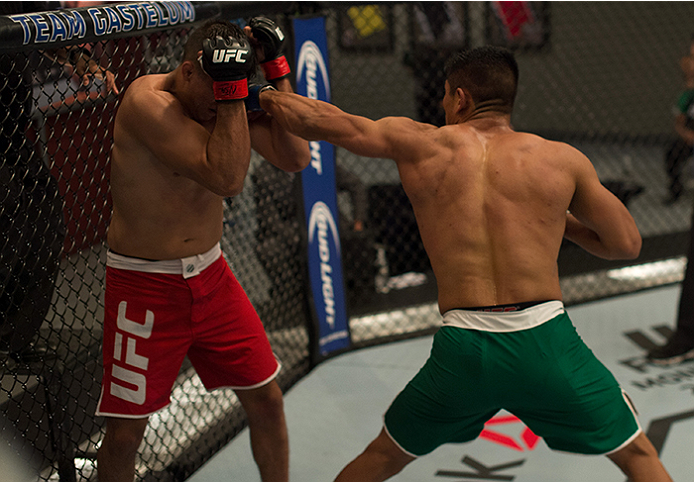 LAS VEGAS, NV - APRIL 10: (R-L) Hector Aldana punches Alvaro Herrera during the filming of The Ultimate Fighter Latin America: Team Gastelum vs Team Escudero on April 10, 2015 in Las Vegas, Nevada. (Photo by Brandon Magnus/Zuffa LLC/Zuffa LLC via Getty