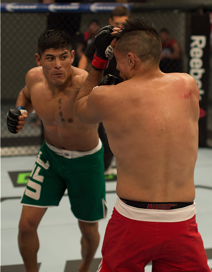 LAS VEGAS, NV - APRIL 10: (L-R) Hector Aldana punches Alvaro Herrera during the filming of The Ultimate Fighter Latin America: Team Gastelum vs Team Escudero on April 10, 2015 in Las Vegas, Nevada. (Photo by Brandon Magnus/Zuffa LLC/Zuffa LLC via Getty