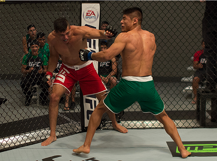 LAS VEGAS, NV - APRIL 10: (R-L) Hector Aldana exchanges punches with Alvaro Herrera during the filming of The Ultimate Fighter Latin America: Team Gastelum vs Team Escudero on April 10, 2015 in Las Vegas, Nevada. (Photo by Brandon Magnus/Zuffa LLC/Zuffa