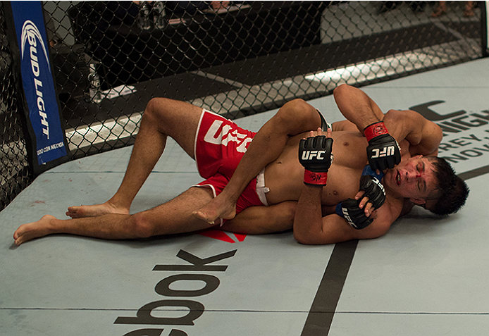 LAS VEGAS, NV - APRIL 10: Hector Aldana attempts to submit Alvaro Herrera during the filming of The Ultimate Fighter Latin America: Team Gastelum vs Team Escudero on April 10, 2015 in Las Vegas, Nevada. (Photo by Brandon Magnus/Zuffa LLC/Zuffa LLC via G