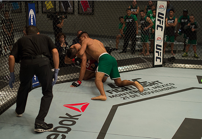 LAS VEGAS, NV - APRIL 10: (R-L) Hector Aldana punches Alvaro Herrera during the filming of The Ultimate Fighter Latin America: Team Gastelum vs Team Escudero on April 10, 2015 in Las Vegas, Nevada. (Photo by Brandon Magnus/Zuffa LLC/Zuffa LLC via Getty