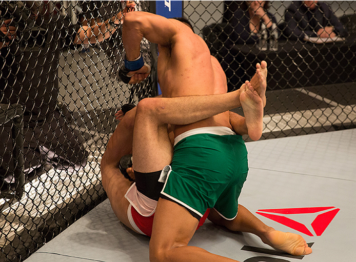 LAS VEGAS, NV - APRIL 10: Hector Aldana (top) punches Alvaro Herrera during the filming of The Ultimate Fighter Latin America: Team Gastelum vs Team Escudero on April 10, 2015 in Las Vegas, Nevada. (Photo by Brandon Magnus/Zuffa LLC/Zuffa LLC via Getty