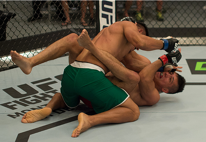 LAS VEGAS, NV - APRIL 10: Hector Aldana (top) punches Alvaro Herrera during the filming of The Ultimate Fighter Latin America: Team Gastelum vs Team Escudero on April 10, 2015 in Las Vegas, Nevada. (Photo by Brandon Magnus/Zuffa LLC/Zuffa LLC via Getty