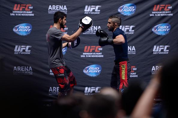 MEXICO CITY, MEXICO - NOVEMBER 12: Ricardo Lamas (R) holds an open training session during the UFC 180 open workouts at the Interactive Museum of Economics on November 12, 2014 in Mexico City, Mexico. (Photo by Jeff Bottari/Zuffa LLC/Zuffa LLC via Getty