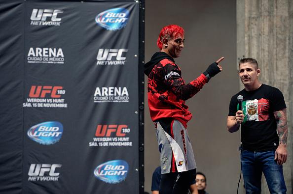 MEXICO CITY, MEXICO - NOVEMBER 12: Augusto 'Dodger' Montano interacts with the fans during the UFC 180 open workouts at the Interactive Museum of Economics on November 12, 2014 in Mexico City, Mexico. (Photo by Jeff Bottari/Zuffa LLC/Zuffa LLC via Getty
