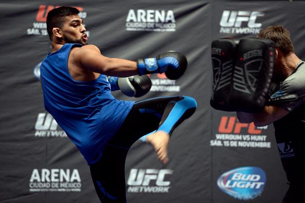 MEXICO CITY, MEXICO - NOVEMBER 12: Kelvin Gastelum (L) holds an open training session during the UFC 180 open workouts at the Interactive Museum of Economics on November 12, 2014 in Mexico City, Mexico. (Photo by Jeff Bottari/Zuffa LLC/Zuffa LLC via Gett