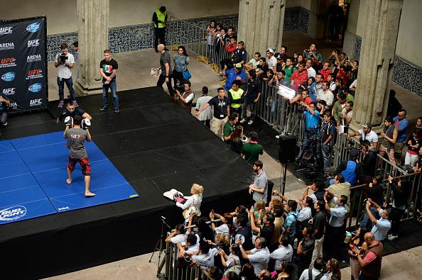 MEXICO CITY, MEXICO - NOVEMBER 12: Ricardo Lamas (L) holds an open training session during the UFC 180 open workouts at the Interactive Museum of Economics on November 12, 2014 in Mexico City, Mexico. (Photo by Jeff Bottari/Zuffa LLC/Zuffa LLC via Getty