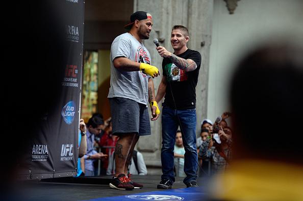 MEXICO CITY, MEXICO - NOVEMBER 12: Mark Hunt (L) is interviewed by UFC Network host Victor Davila during the UFC 180 open workouts at the Interactive Museum of Economics on November 12, 2014 in Mexico City, Mexico. (Photo by Jeff Bottari/Zuffa LLC/Zuffa