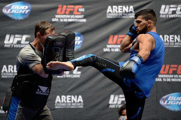 MEXICO CITY, MEXICO - NOVEMBER 12: Kelvin Gastelum (R) holds an open training session during the UFC 180 open workouts at the Interactive Museum of Economics on November 12, 2014 in Mexico City, Mexico. (Photo by Jeff Bottari/Zuffa LLC/Zuffa LLC via Gett