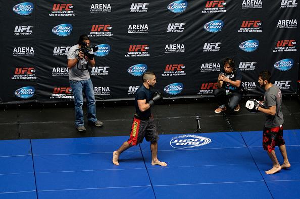 MEXICO CITY, MEXICO - NOVEMBER 12: Ricardo Lamas (L) holds an open training session during the UFC 180 open workouts at the Interactive Museum of Economics on November 12, 2014 in Mexico City, Mexico. (Photo by Jeff Bottari/Zuffa LLC/Zuffa LLC via Getty