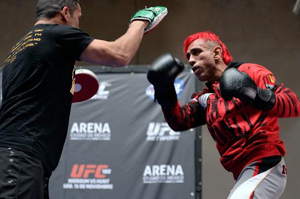 MEXICO CITY, MEXICO - NOVEMBER 12: Augusto 'Dodger' Montano holds an open training session during the UFC 180 open workouts at the Interactive Museum of Economics on November 12, 2014 in Mexico City, Mexico. (Photo by Jeff Bottari/Zuffa LLC/Zuffa LLC via