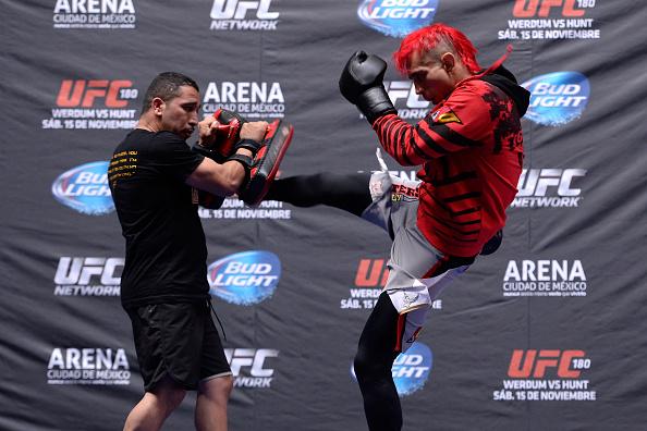 MEXICO CITY, MEXICO - NOVEMBER 12: Augusto 'Dodger' Montano holds an open training session during the UFC 180 open workouts at the Interactive Museum of Economics on November 12, 2014 in Mexico City, Mexico. (Photo by Jeff Bottari/Zuffa LLC/Zuffa LLC via