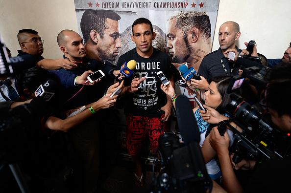 MEXICO CITY, MEXICO - NOVEMBER 12: Fabricio Werdum speaks to the media during the UFC 180 open workouts at the Interactive Museum of Economics on November 12, 2014 in Mexico City, Mexico. (Photo by Jeff Bottari/Zuffa LLC/Zuffa LLC via Getty Images)