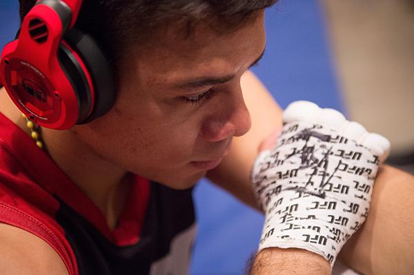 LAS VEGAS, NV - APRIL 21: Vernon Ramos gets his hands wrapped before facing Erick Monta–o in their semi-finals fight during the filming of The Ultimate Fighter Latin America: Team Gastelum vs Team Escudero on April 21, 2015 in Las Vegas, Nevada. (Photo b