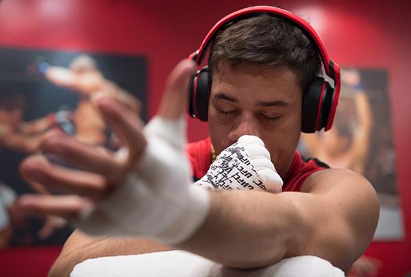 LAS VEGAS, NV - APRIL 21: Vernon Ramos gets his hands wrapped before facing Erick Monta–o in their semi-finals fight during the filming of The Ultimate Fighter Latin America: Team Gastelum vs Team Escudero on April 21, 2015 in Las Vegas, Nevada. (Photo b