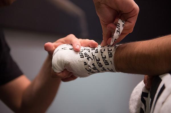 LAS VEGAS, NV - APRIL 21: Vernon Ramos gets his hands wrapped before facing Erick Monta–o in their semi-finals fight during the filming of The Ultimate Fighter Latin America: Team Gastelum vs Team Escudero on April 21, 2015 in Las Vegas, Nevada. (Photo b