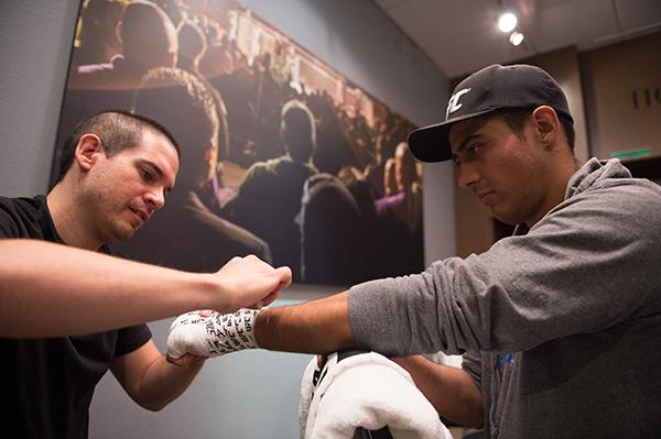 LAS VEGAS, NV - APRIL 21: Erick Monta–o gets his hands wrapped before facing Vernon Ramos in their semi-finals fight during the filming of The Ultimate Fighter Latin America: Team Gastelum vs Team Escudero on April 21, 2015 in Las Vegas, Nevada. (Photo b