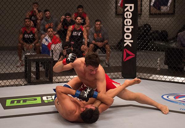 LAS VEGAS, NV - APRIL 21: Vernon Ramos (top) punches Erick Monta–o in their semi-finals fight during the filming of The Ultimate Fighter Latin America: Team Gastelum vs Team Escudero on April 21, 2015 in Las Vegas, Nevada. (Photo by Brandon Magnus/Zuffa