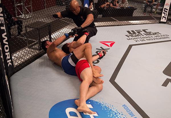 LAS VEGAS, NV - APRIL 21: (L-R) Erick Monta–o submits Vernon Ramos in their semi-finals fight during the filming of The Ultimate Fighter Latin America: Team Gastelum vs Team Escudero on April 21, 2015 in Las Vegas, Nevada. (Photo by Brandon Magnus/Zuffa