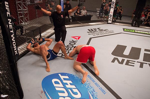 LAS VEGAS, NV - APRIL 21: (L-R) Erick Monta–o celebrates his submission victory over Vernon Ramos in their semi-finals fight during the filming of The Ultimate Fighter Latin America: Team Gastelum vs Team Escudero on April 21, 2015 in Las Vegas, Nevada.