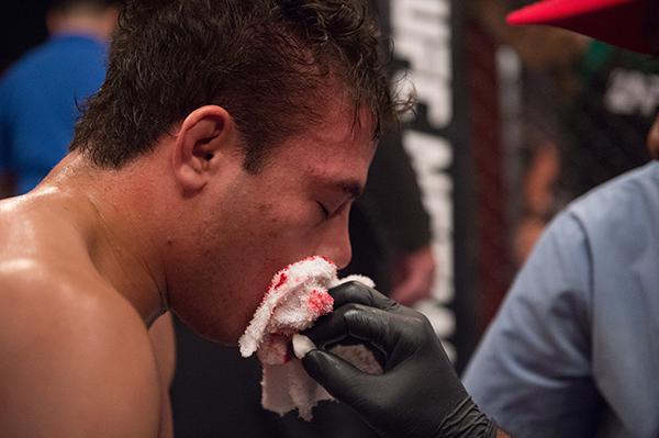 LAS VEGAS, NV - APRIL 21: Vernon Ramos reacts to his submission loss to Erick Monta–o in their semi-finals fight during the filming of The Ultimate Fighter Latin America: Team Gastelum vs Team Escudero on April 21, 2015 in Las Vegas, Nevada. (Photo by Br