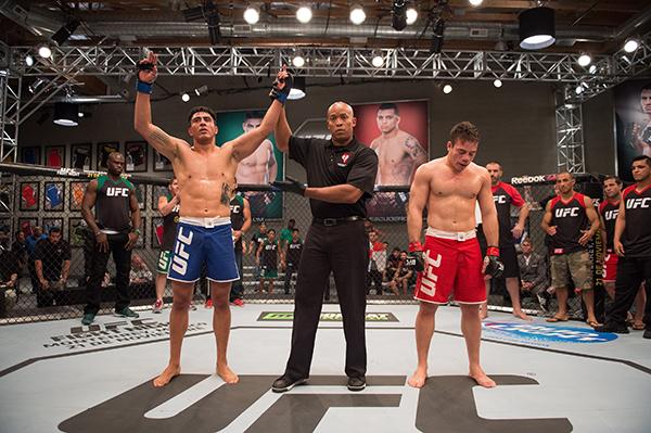 LAS VEGAS, NV - APRIL 21: (L-R) Erick Monta–o celebrates his submission victory over Vernon Ramos in their semi-finals fight during the filming of The Ultimate Fighter Latin America: Team Gastelum vs Team Escudero on April 21, 2015 in Las Vegas, Nevada.