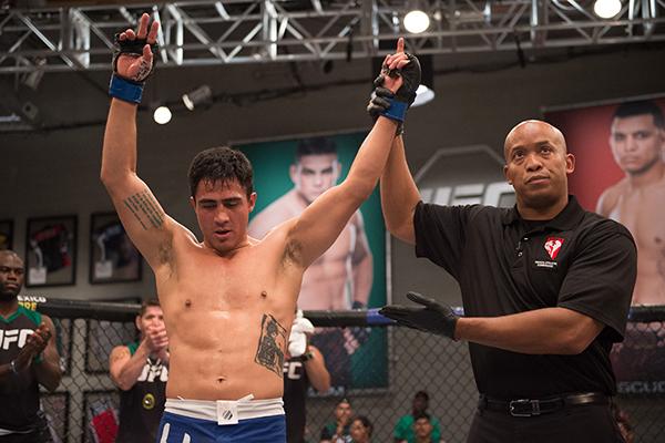 LAS VEGAS, NV - APRIL 21: Erick Monta–o celebrates his submission victory over Vernon Ramos in their semi-finals fight during the filming of The Ultimate Fighter Latin America: Team Gastelum vs Team Escudero on April 21, 2015 in Las Vegas, Nevada. (Photo