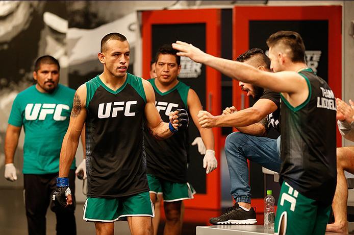 BUENOS AIRES, ARGENTINA - MAY 28: Leonardo Rodriguez prepares to enter the Octagon before facing Yasser Castillo during the filming of The Ultimate Fighter Latin America: Team Liddell vs Team Griffin on May 28, 2016 in Buenos Aires, Argentina. (Photo by