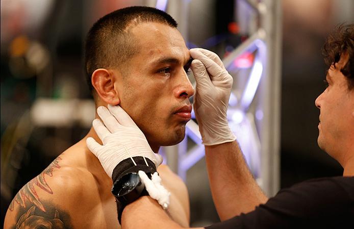 BUENOS AIRES, ARGENTINA - MAY 28: Leonardo Rodriguez prepares to enter the Octagon before facing Yasser Castillo during the filming of The Ultimate Fighter Latin America: Team Liddell vs Team Griffin on May 28, 2016 in Buenos Aires, Argentina. (Photo by