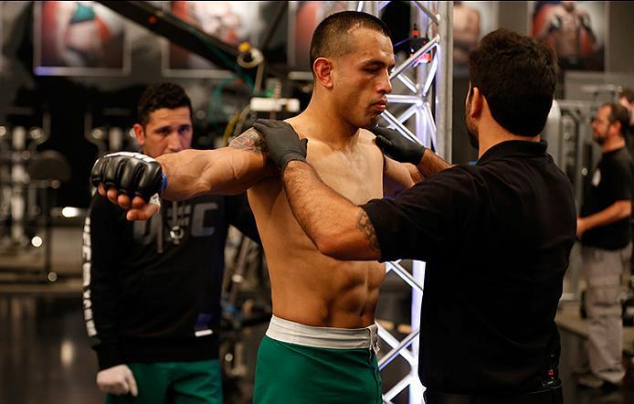 BUENOS AIRES, ARGENTINA - MAY 28: Leonardo Rodriguez prepares to enter the Octagon before facing Yasser Castillo during the filming of The Ultimate Fighter Latin America: Team Liddell vs Team Griffin on May 28, 2016 in Buenos Aires, Argentina. (Photo by