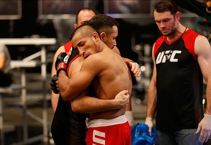 BUENOS AIRES, ARGENTINA - MAY 28: Yasser Castillo hugs his corner before facing Leonardo Rodriguez during the filming of The Ultimate Fighter Latin America: Team Liddell vs Team Griffin on May 28, 2016 in Buenos Aires, Argentina. (Photo by Gabriel Rossi/