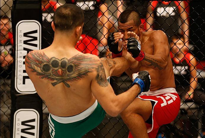 BUENOS AIRES, ARGENTINA - MAY 28: (L-R) Leonardo Rodriguez kicks Yasser Castillo during the filming of The Ultimate Fighter Latin America: Team Liddell vs Team Griffin on May 28, 2016 in Buenos Aires, Argentina. (Photo by Gabriel Rossi/Zuffa LLC/Zuffa LL