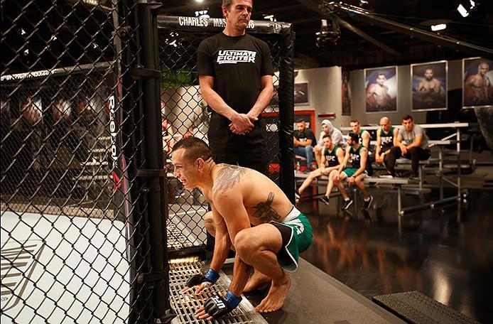 BUENOS AIRES, ARGENTINA - MAY 28: Leonardo Rodriguez prepares to enter the Octagon before facing Yasser Castillo during the filming of The Ultimate Fighter Latin America: Team Liddell vs Team Griffin on May 28, 2016 in Buenos Aires, Argentina. (Photo by